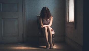 Sad woman sitting alone in a empty dark room and sunlight photo