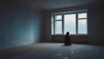 sad woman sitting alone in a empty room photo