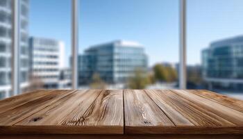 Close up Wooden table in sunny office photo