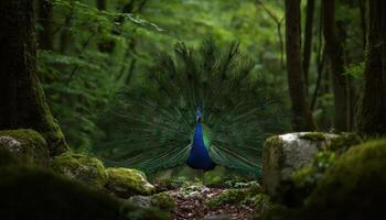 A beautiful peacock with a closed tail in the forest with lush trees photo