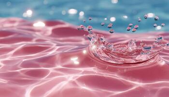 Closeup of pink transparent clear calm water surface texture with splashes photo