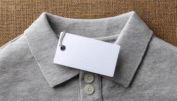 Blank white laundry care clothes label on shirt fabric texture background photo
