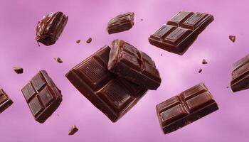 Flying Dark Chocolate pieces on pink for banner photo