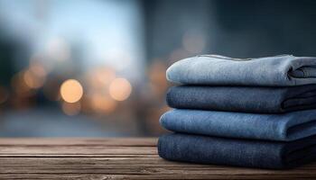 jeans on wooden table casual clothes concept, copy space photo