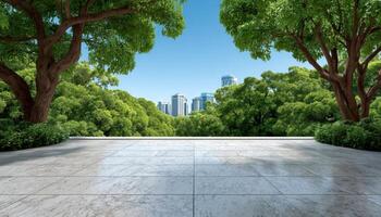 Empty square floor and green woods natural scenery in city park photo