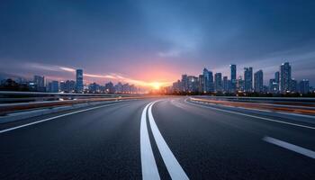 Asphalt road and bridge with city skyline for banner background photo