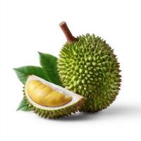 Durian fruit with cut in half isolated on white background photo