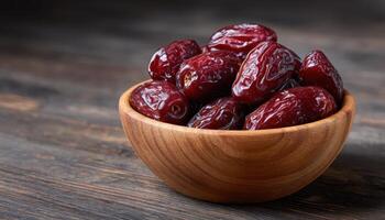 Dried dates fruits on wooden table, copy space photo