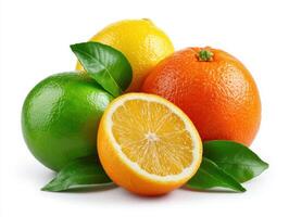 Variety of citrus fruit, green lime, lemon, orange isolated on white background photo