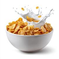 Corn flakes and milk splash isolated on white background. photo