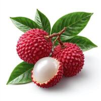 Juicy Lychee with cut in half and leaves isolated on white background. photo