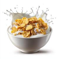 Corn flakes with milk splash in white bowl isolated on white background. photo
