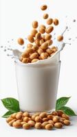 soybeans falling into soy milk Splash in the glass isolated on white background. photo