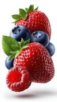 Falling Strawberry, Blueberry, Raspberry isolated on white background. photo