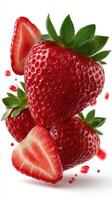 Falling Strawberry with half sliced isolated on white background. photo