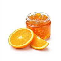 Orange marmalade with cut in half isolated on white background photo