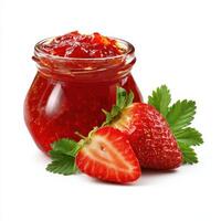 Strawberry marmalade with cut in half isolated on white background, Jar of Strawberry Jam photo