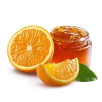 Orange marmalade with cut in half isolated on white background, Jar of Orange Jam photo
