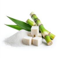 granulated sugar and sugar cane stalks and leaves isolated on white background photo