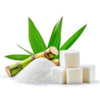 White granulated sugar and sugar cane stalks isolated on white background photo
