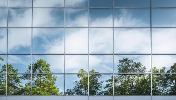 Modern architecture reflection of sky and trees in large window urban setting photographic view photo