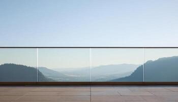 Scenic mountain view from clear glass railing modern balcony serene environment wide angle photo
