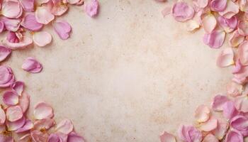 Scattered wildflower petals on vintage parchment paper artistic floral arrangement calm setting photo