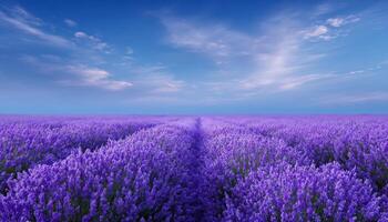 Lavender field at dawn serenity and beauty in nature soft morning light expansive view photo