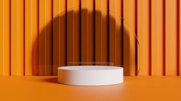An empty white table in front of an orange wall photo