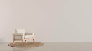 A chair sitting on a round rug in front of a white wall photo