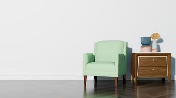 A green chair and a side table in front of a white wall photo