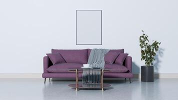 A purple couch and a table in front of a white wall photo
