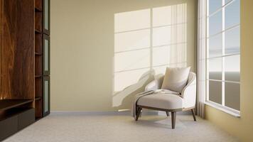 A chair sits in front of a window in a room photo