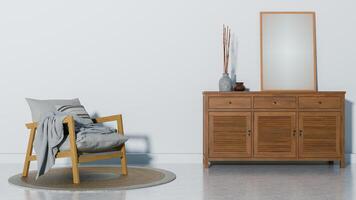A chair and a mirror in a room photo