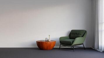 A green chair and table in front of a white wall photo