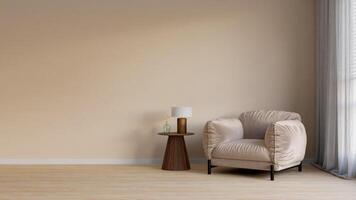 A room with a chair and table in front of a wall photo