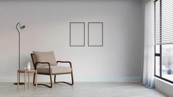A chair and table in a room with a window photo