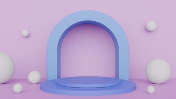 3d render of a stage with a blue arch and white eggs photo