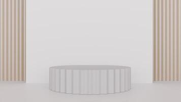 A white table in front of a wall with a window photo