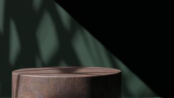 A wooden stool sitting on a table in front of a green wall photo