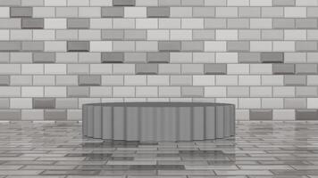 A gray table in front of a brick wall photo