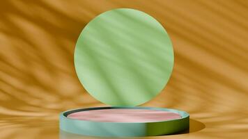 A green oval is sitting on top of a round table photo