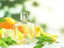 Citrus and lemon oil in a glass bottle photo