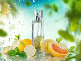 Citrus fruits and water droplets on a blue background photo