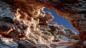A rock formation with a light coming through it photo