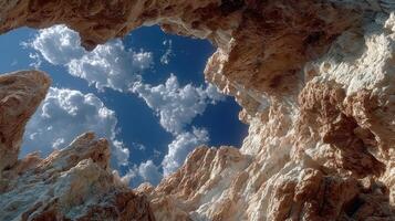 A view of the sky through a cave in the mountains photo