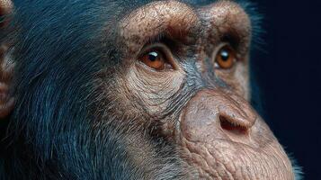 A close up of a chimpan's face photo