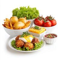 A variety of food including potatoes, eggs, tomatoes, and lettuce photo