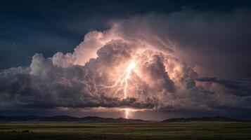 Dramatic Lightning Strikes from Dark Storm Clouds over Mountainous Landscape at Dusk photo