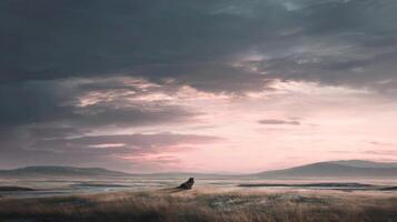 Serene Landscape with Dramatic Clouds and Lone Rock Formation at Dawn in Tranquil Nature Scene photo